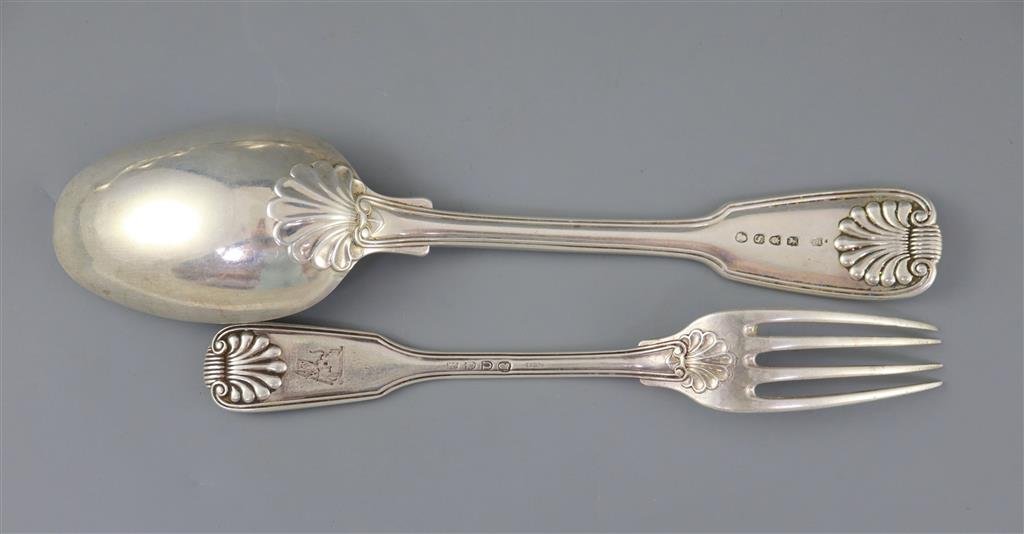 PAUL STORR- A set of six George III silver double struck, fiddle, thread and shell pattern dessert spoons, 6 tablespoons and 12 forks.